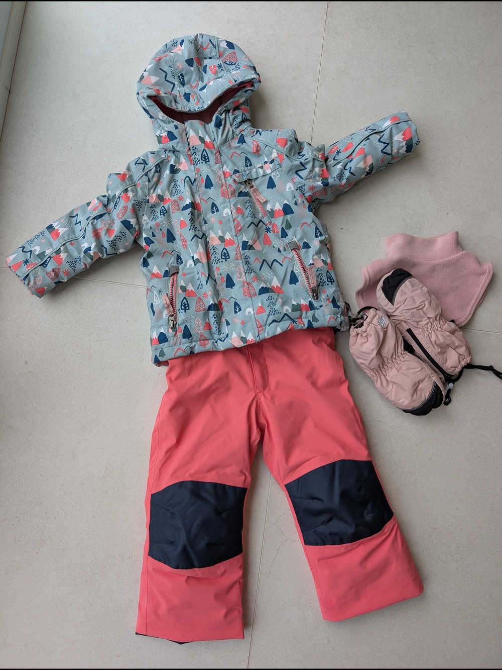 Girls' Winter Jacket and Snow Pants Set in Light Blue & Coral